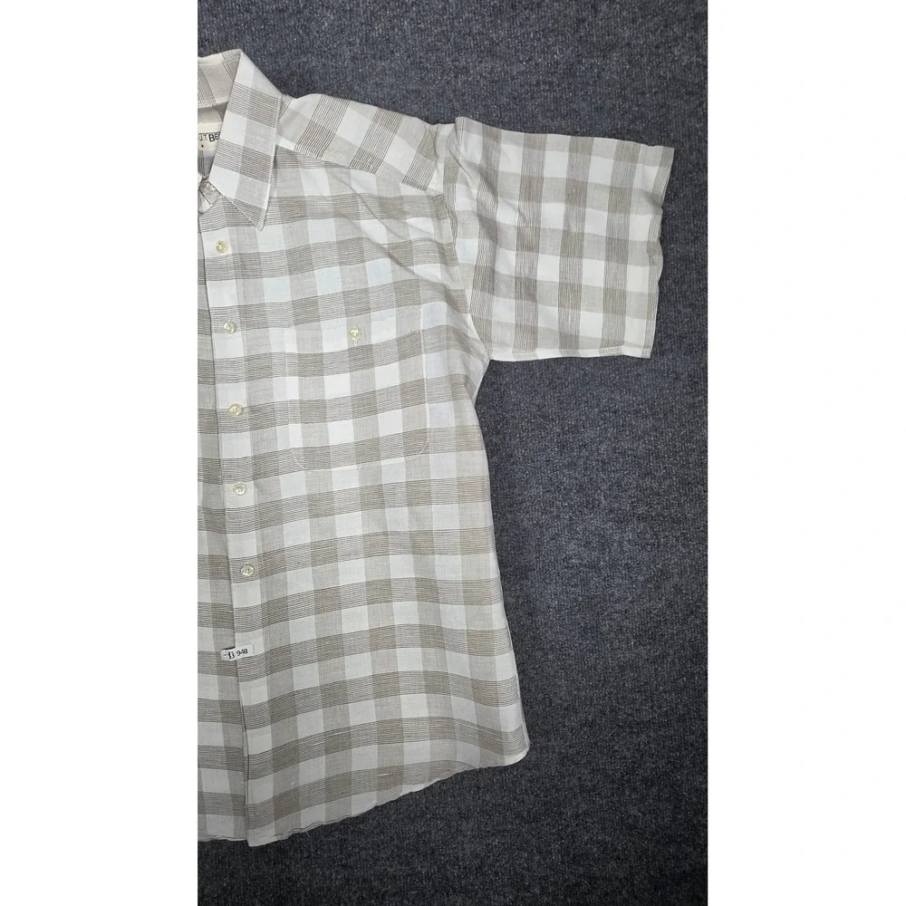 JT Beckett Mens Short Sleeve Linen Blend Plaid Button Up Shirt Tan White Size‎ M